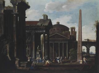 Domenico Roberti - An architectural  capriccio  of the Pantheon and other buildings, with figures making a sacrifice to a goddess, figures conversing and dancing amongst the ruins beyond
