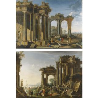 Domenico Roberti - Capricci Of Roman Ruins With Soldiers And Merchants Conversing, The Colosseum And A Rocky Bay Beyond; A Coastal Landscape With Shepherds And Elegant Figures Amongst Ruins