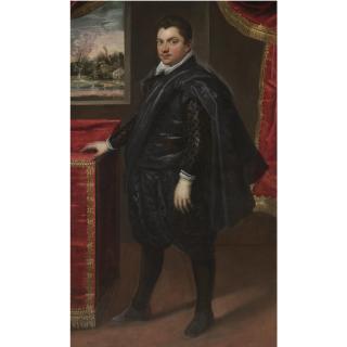 Domenico Robusti - Portrait Of A Gentleman, Full-Length, Wearing A Black Cape, A Window Beyond To The Left