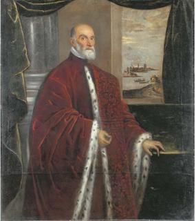 Domenico Robusti - Portrait of a Venetian Senator, three-quarter-length, in robes of office, by a green curtain with a Venetian landscape beyond