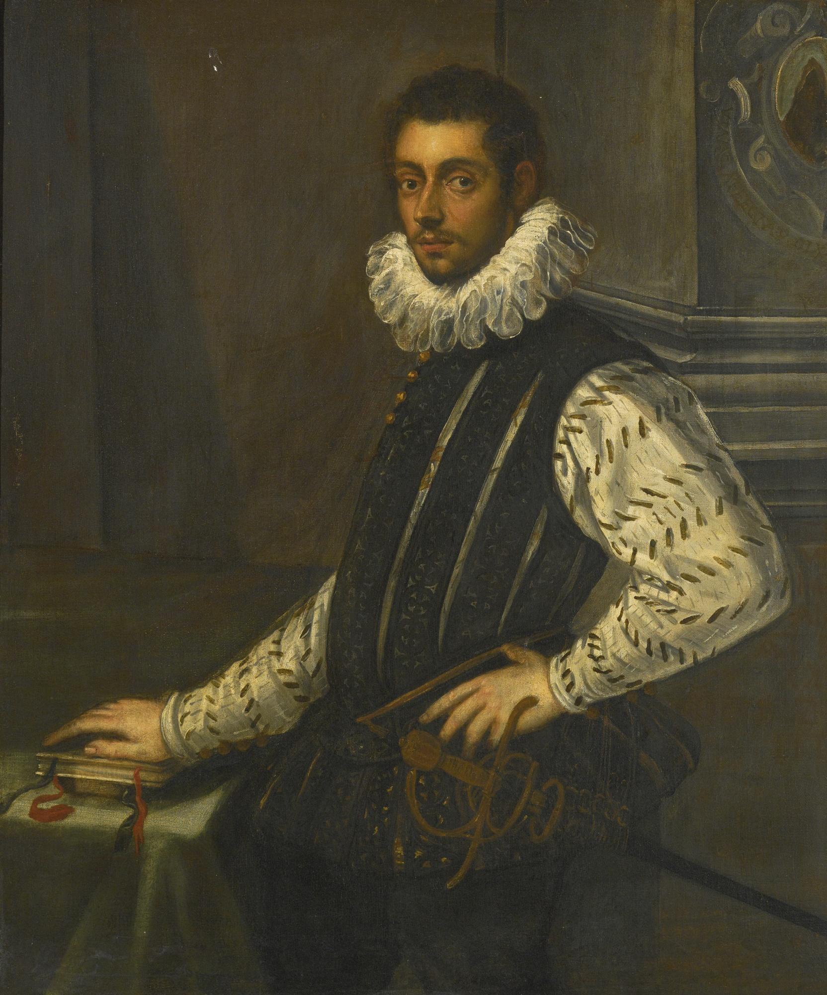 Domenico Robusti - Portrait Of A Young Nobleman, Three-Quarter-Length, In A Brocaded Black Doublet, White Slashed Shirt And Ruff, With A Sword, Resting His Hand On Books In An Interior