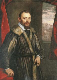 Domenico Tintoretto - Portrait of a Gentleman, said to be Vincenzo Morosini, three-quarter-length, in a fur-trimmed coat, before a red curtain, a landscape beyond the window