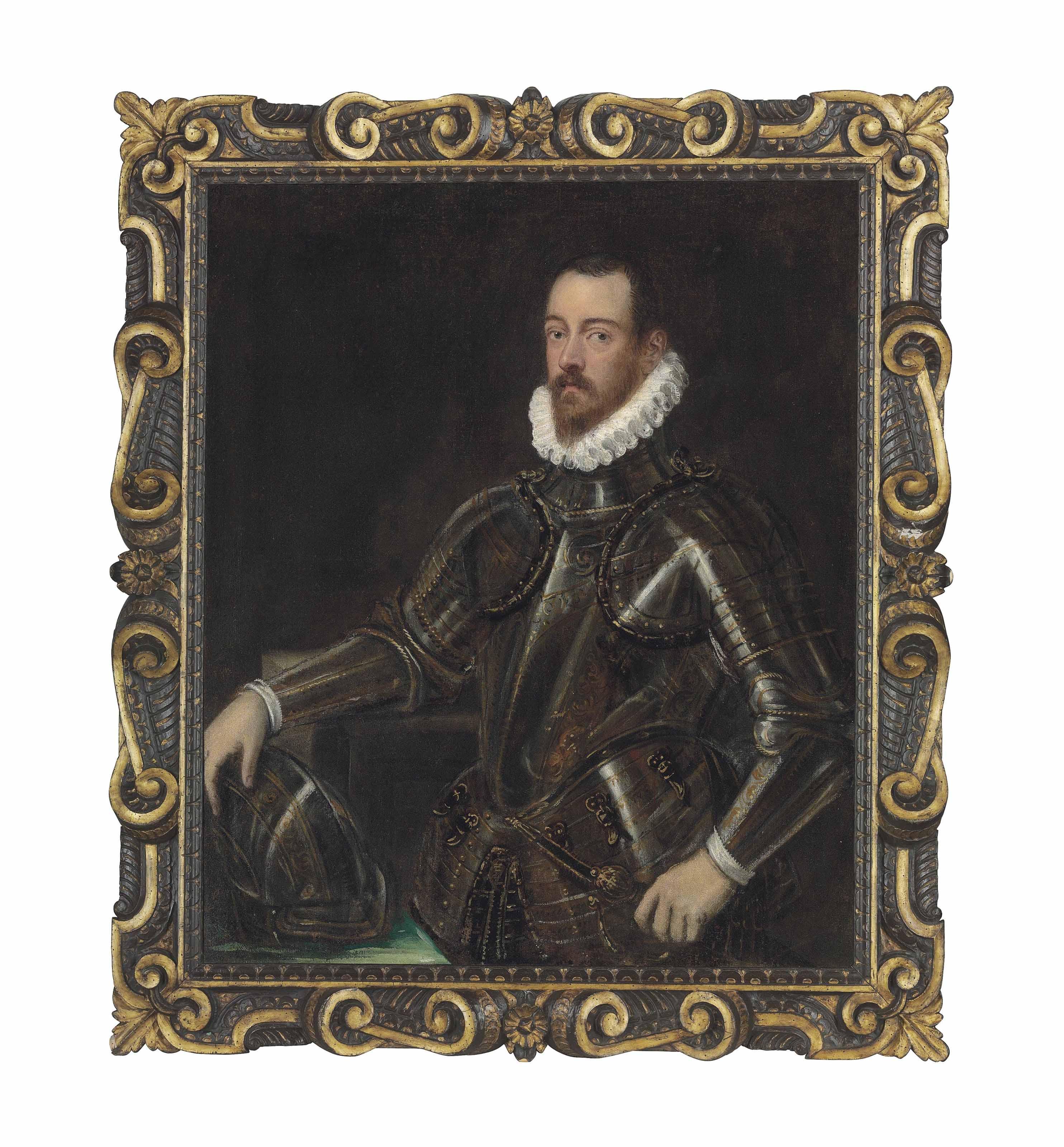 Domenico Tintoretto - Portrait of a gentleman, three-quarter-length, in a suit of armour etched with gold, his right hand resting on his helmet