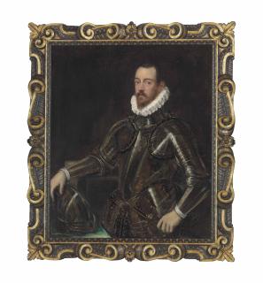 Domenico Tintoretto - Portrait of a gentleman, three-quarter-length, in a suit of armour etched with gold, his right hand resting on his helmet