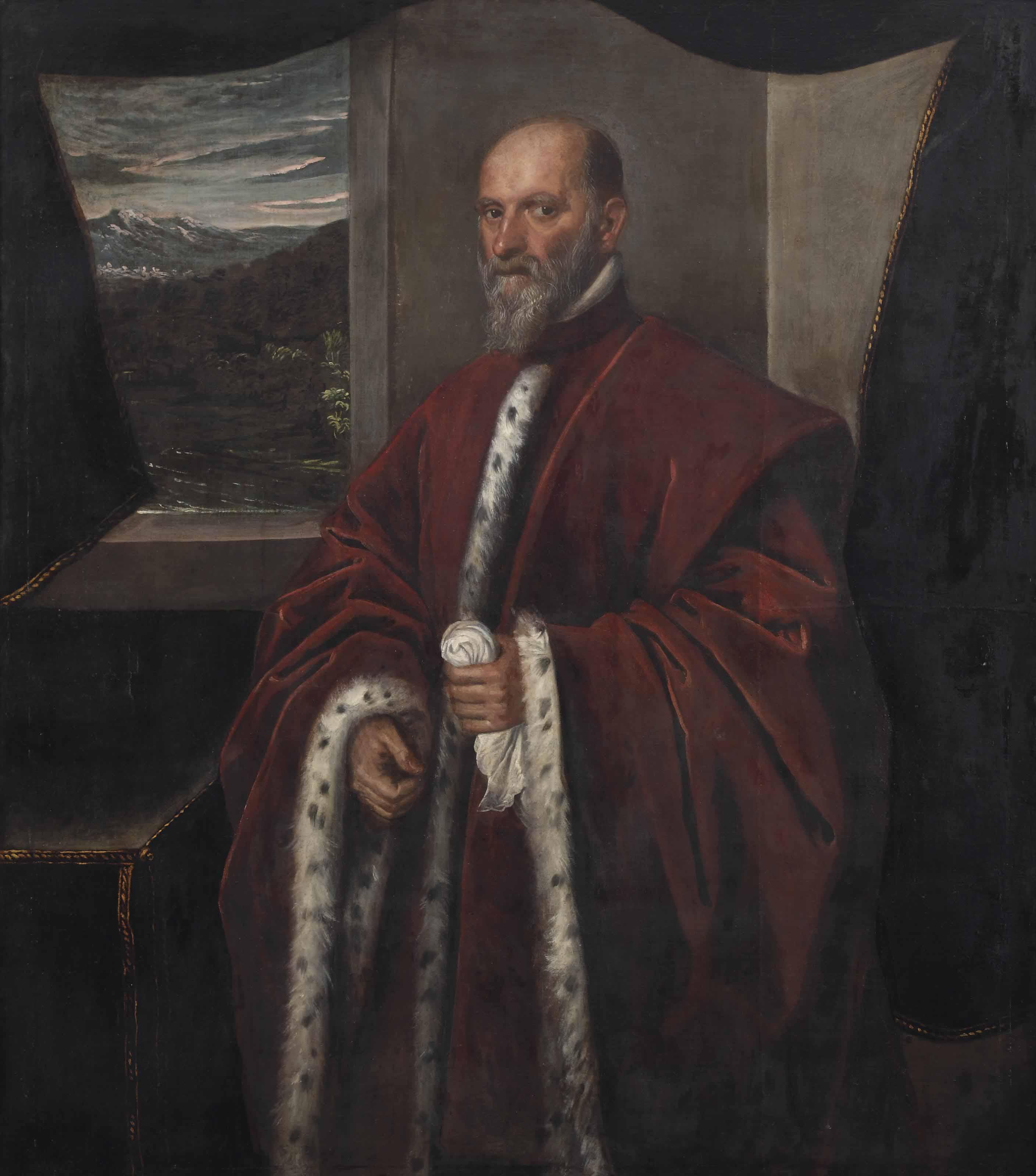 Domenico Tintoretto - Portrait of a Venetian Senator, three-quarter length, in a red ermine-lined robe standing by a window with a mountainous landscape beyond