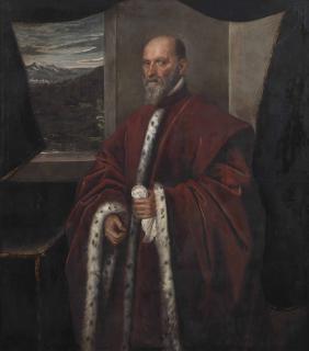 Domenico Tintoretto - Portrait of a Venetian Senator, three-quarter length, in a red ermine-lined robe standing by a window with a mountainous landscape beyond