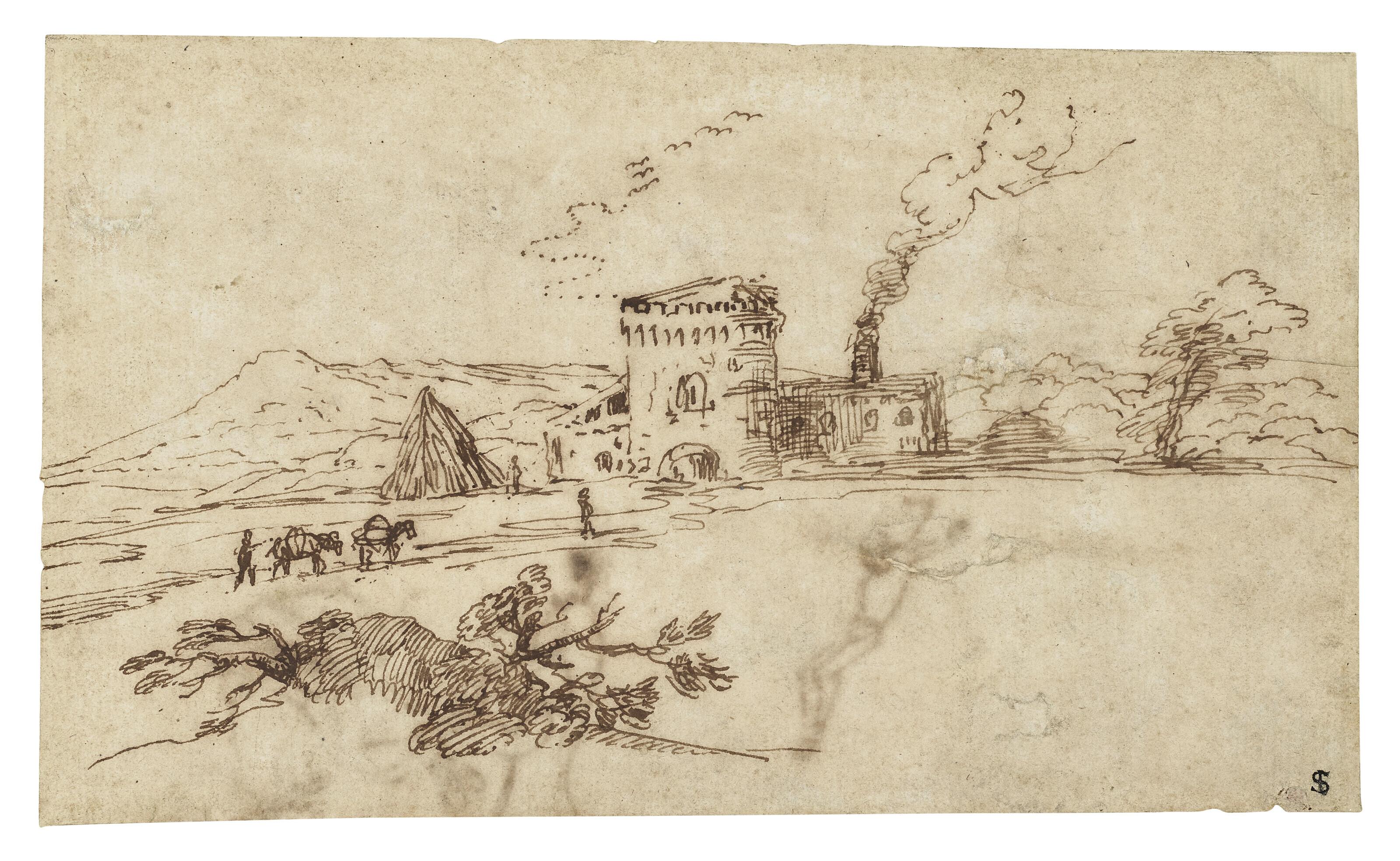 Domenico Zampieri - An extensive landscape with a fortified farm and travelers
