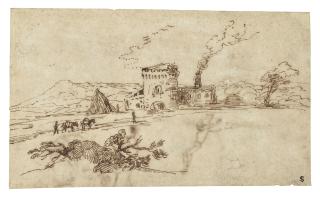 Domenico Zampieri - An extensive landscape with a fortified farm and travelers