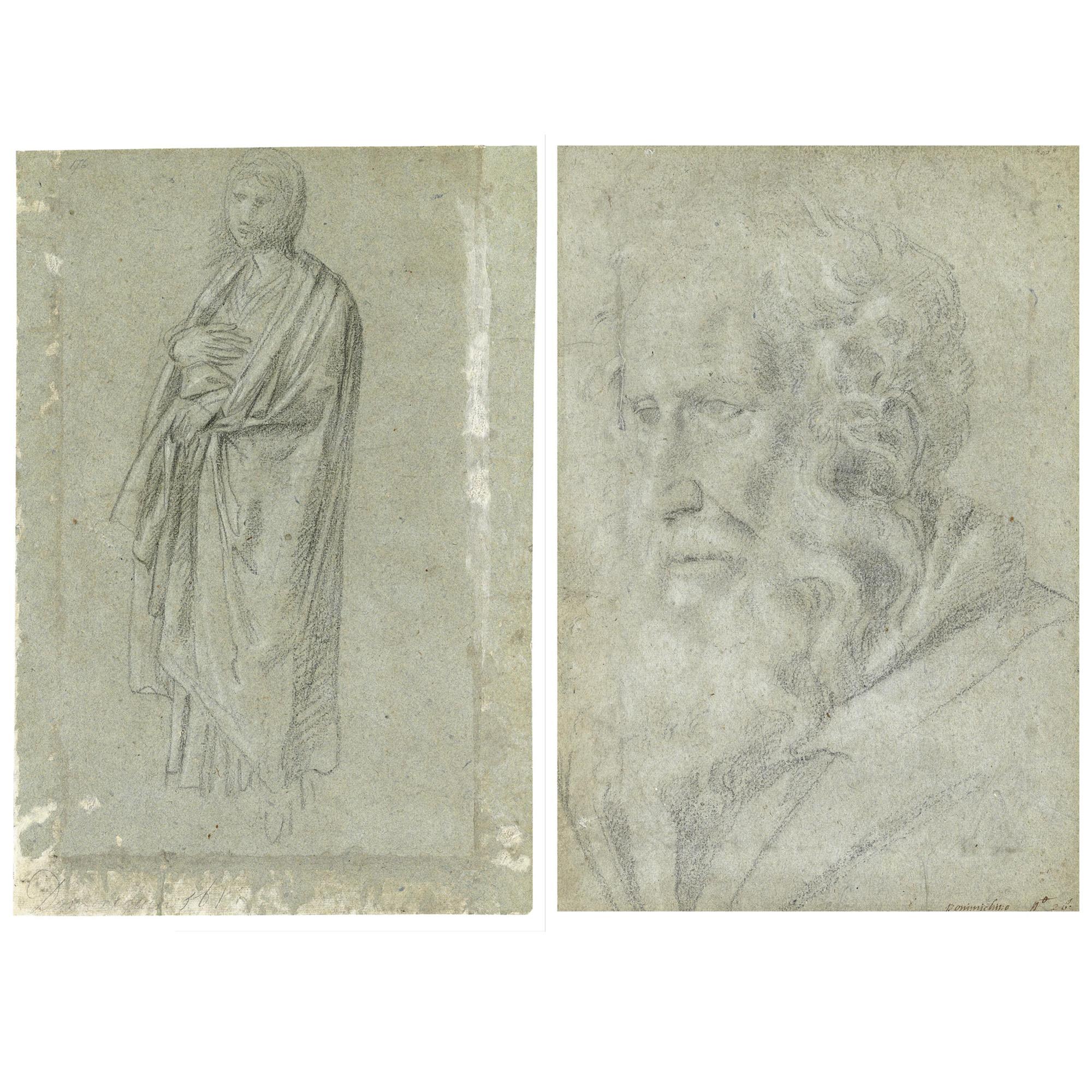 Domenico Zampieri - Recto: Study Of A Draped Standing Female Figure; Verso: Study Of The Head Of A Bearded Man Seen Almost In Profile