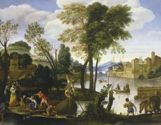 Domenico Zampieri - River Landsape With A Boatman And Fishermen, An Elegant Couple Walking By The Shore