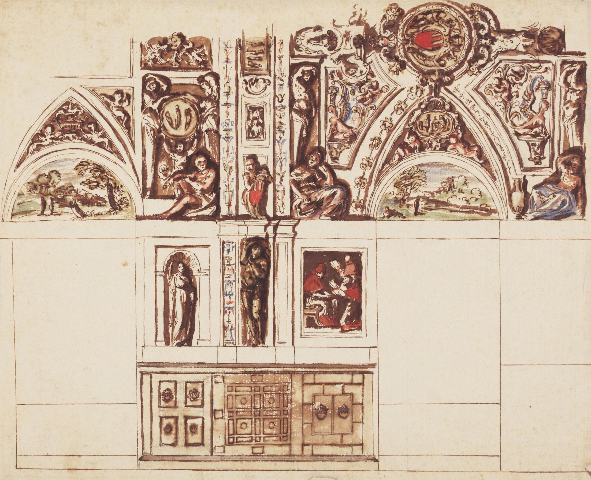 Domenico Zampieri - Study for a section of the decoration of a room with a vaulted ceiling, including the coat of arms of Pope Gregory XV (Ludovisi), and the wall below with indications of compartments with wainscoting