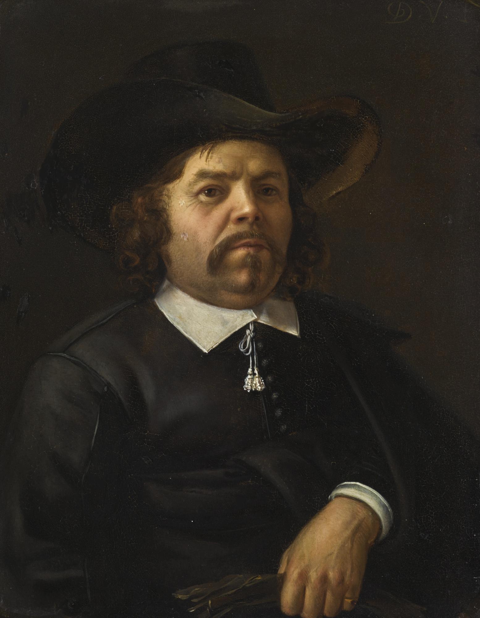 Domenicus Van Tol - Portrait Of A Gentleman, Half-Length, Wearing A Black Hat And Coat, Holding A Pair Of Gloves