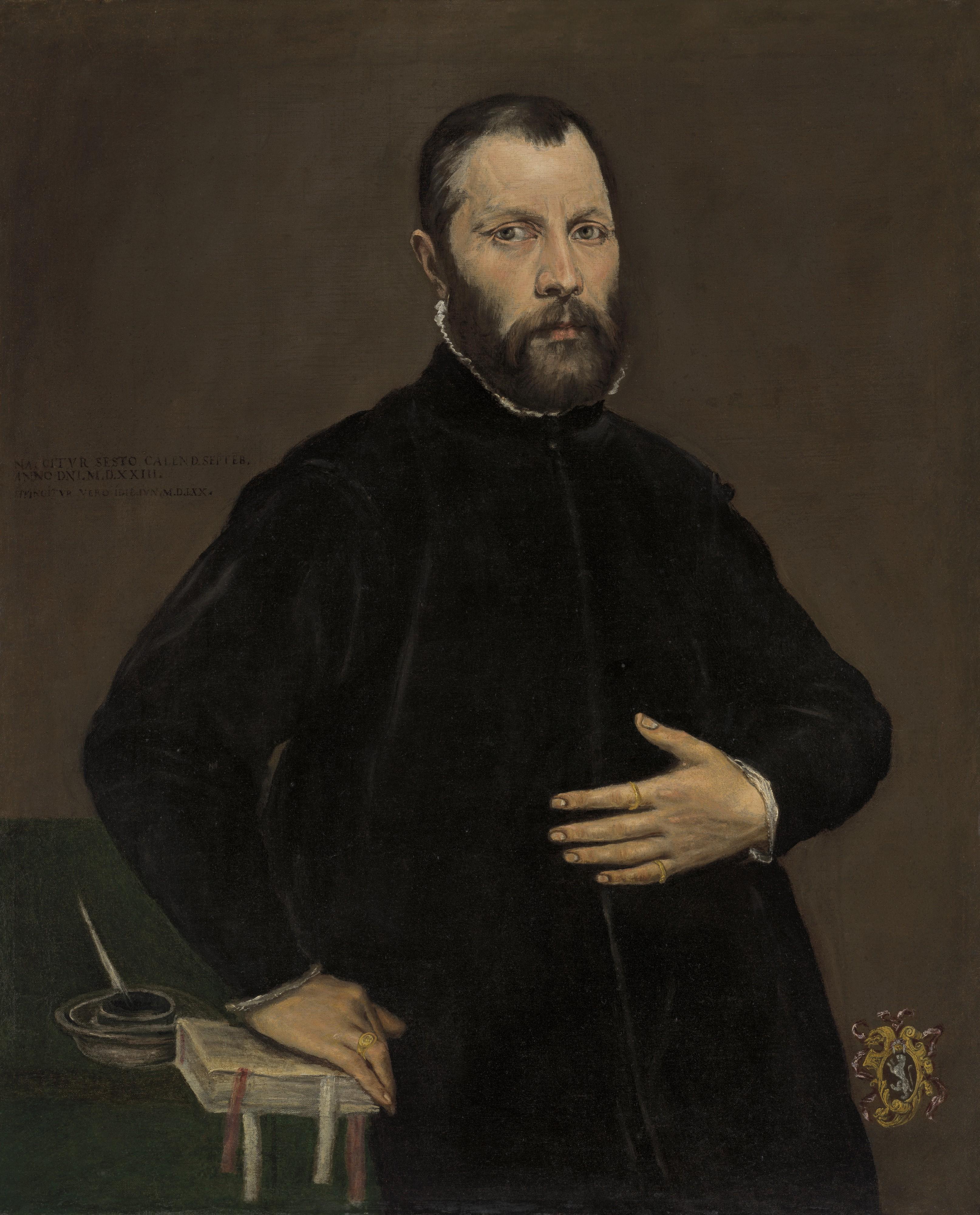 Doménikos Theotokópoulos - Portrait of a gentleman, half-length, in black, his right hand resting on a book