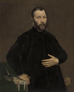 Doménikos Theotokópoulos - Portrait of a gentleman, half-length, in black, his right hand resting on a book