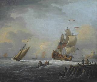 Dominic Serres, R.A. - A man-o\'war closing inshore, a castle on a headland beyond