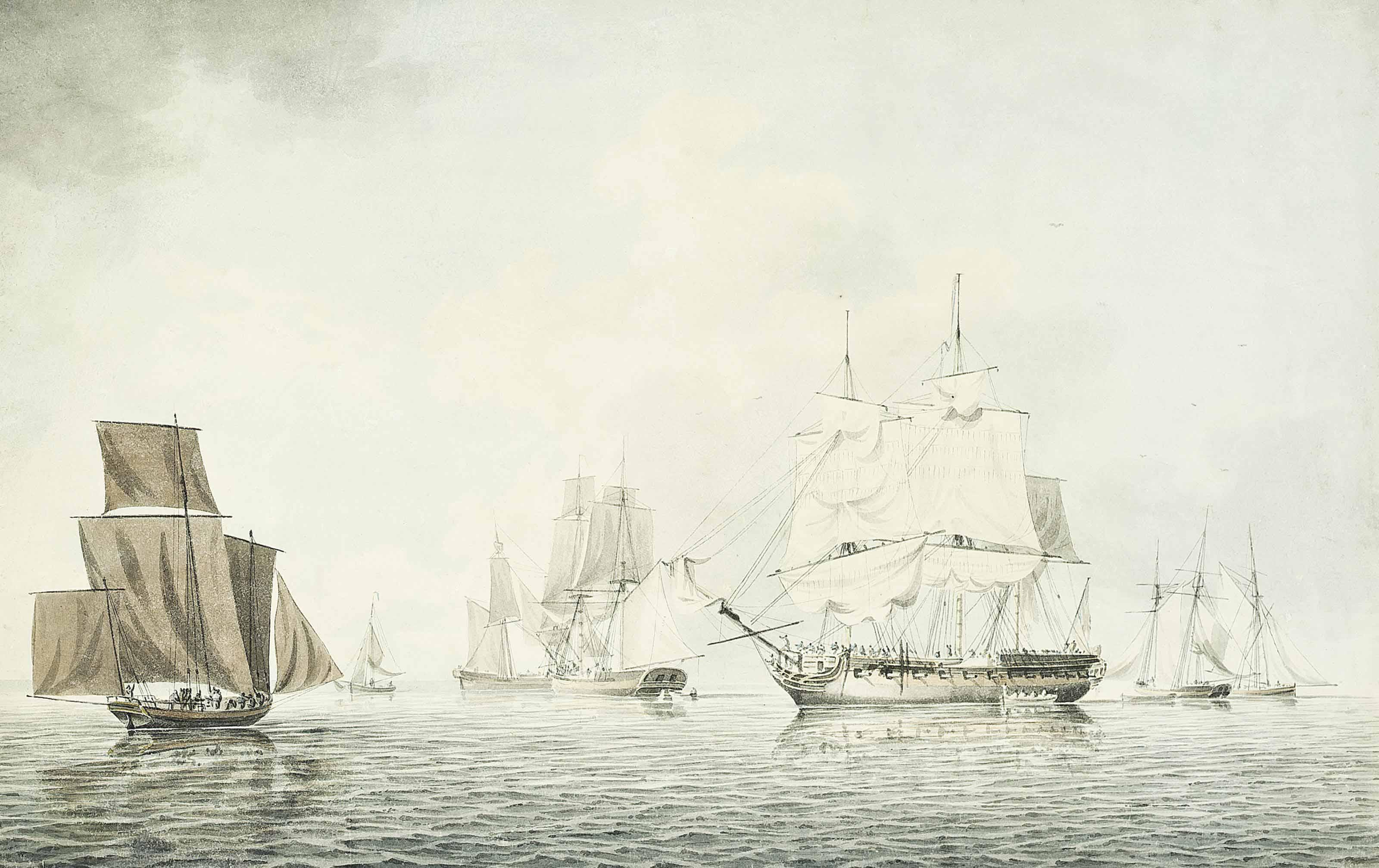 Dominic Serres, R.A. - A Royal Navy Frigate And Cutters Drifting In A Calm