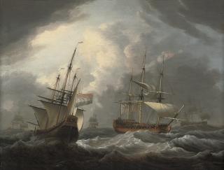 Dominic Serres, R.A. - An English frigate passing a Dutch merchantman in congested waters