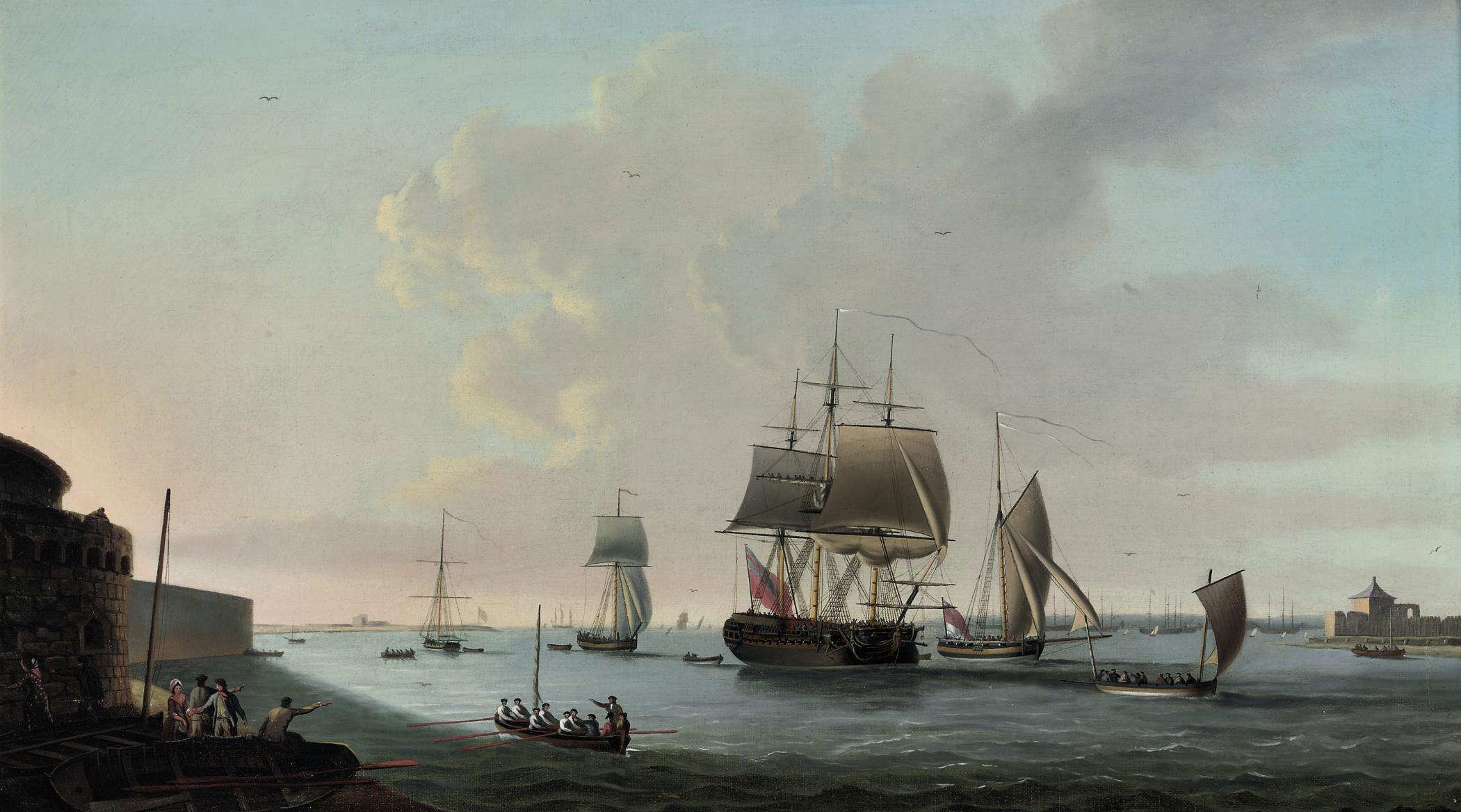 Dominic Serres, R.A. - An English frigate running into Portsmouth harbour, with Fort Blockhouse off her port quarter
