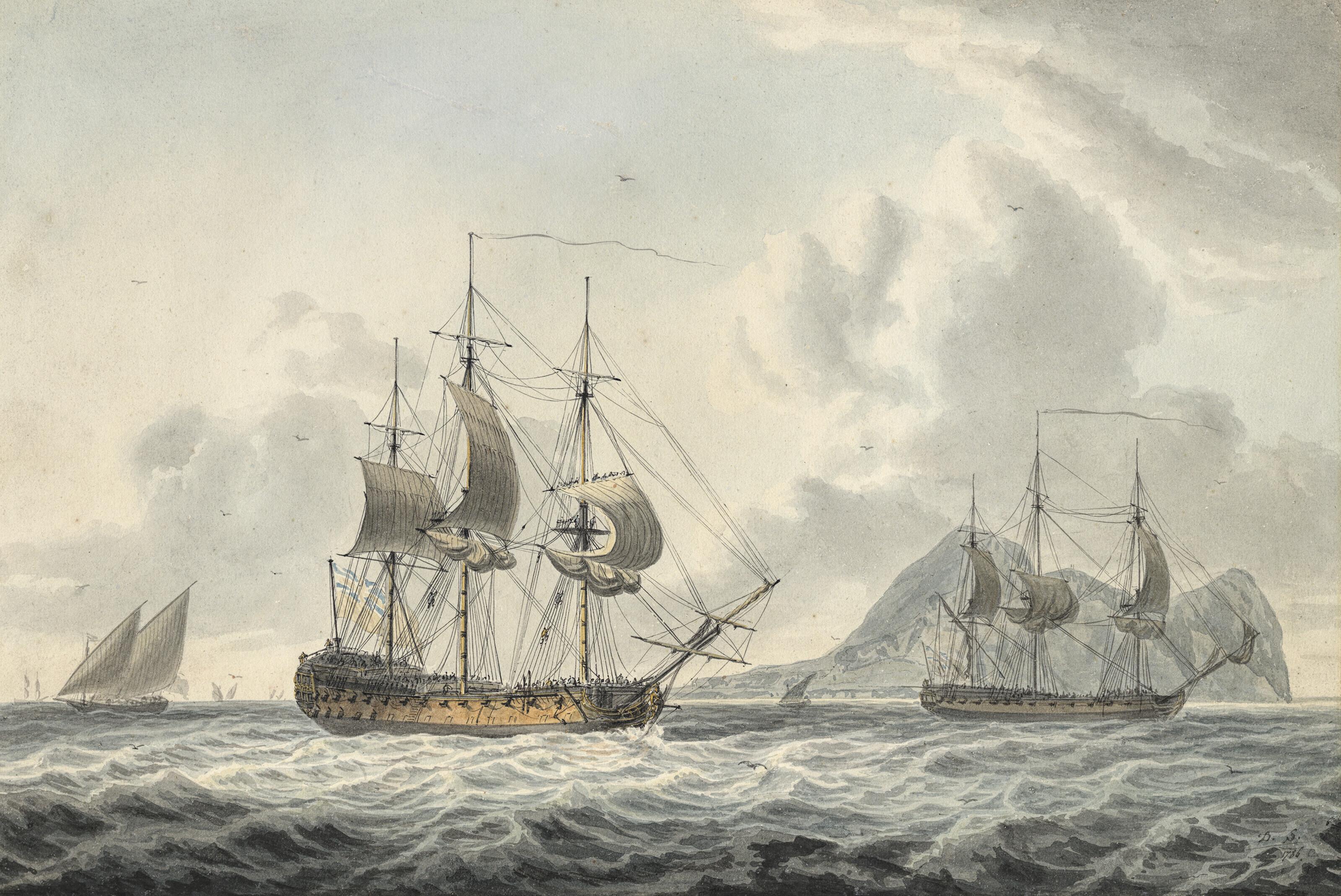 Dominic Serres, R.A. - Naval vessels off the Rock of Gibraltar, at Europa Point