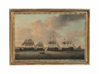 Dominic Serres, R.A. - The East Indiamen Damsel and Lawrence at anchor off Walmer Castle with shipping beyond