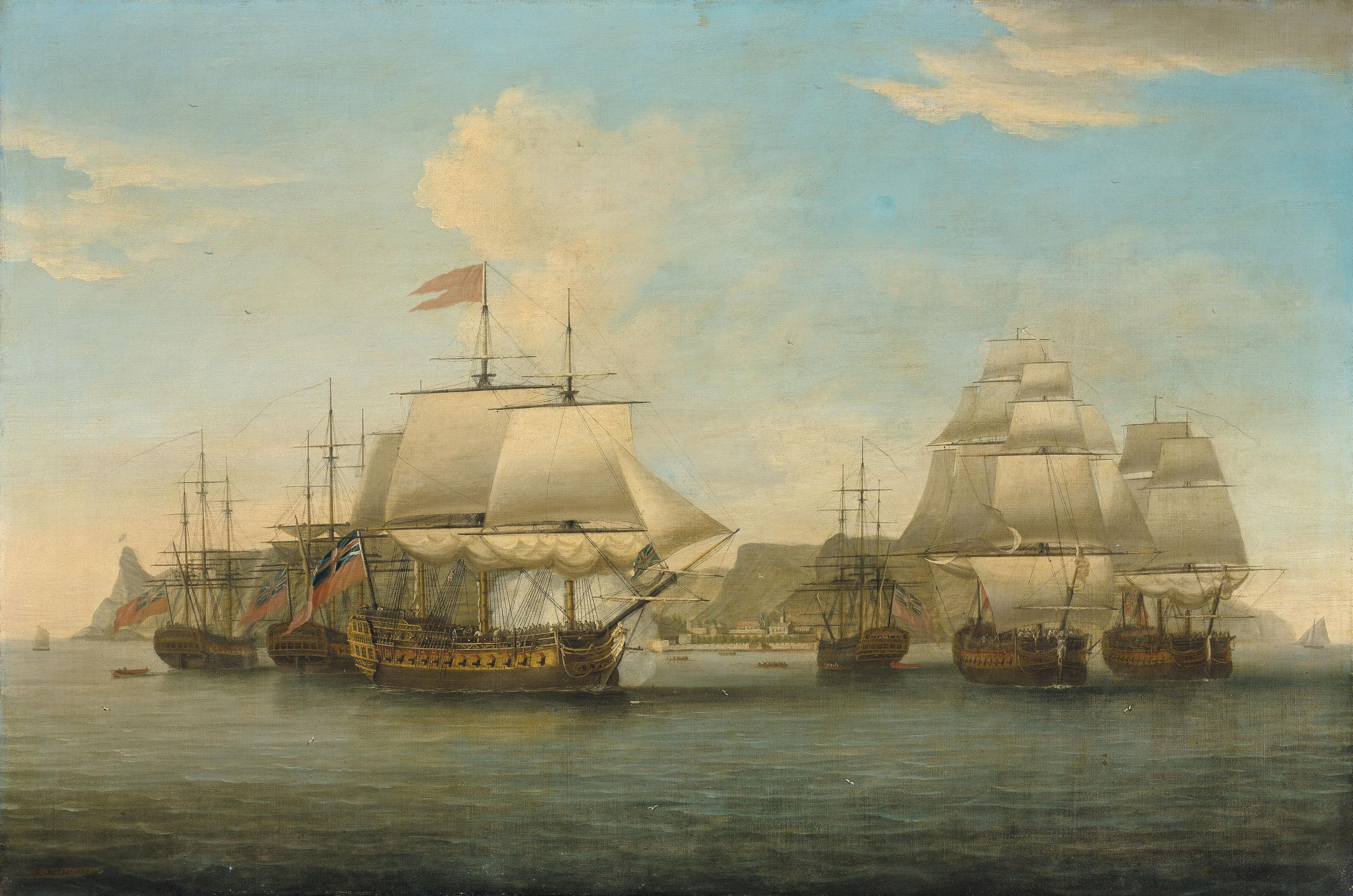 Dominic Serres - A convoy of East Indiamen off Jamestown, St. Helena, signalling its departure for China