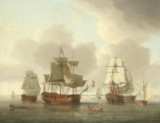 Dominic Serres - A Squadron of the Red just come to anchor at Spithead, with the commanding admiral heading ashore in his barge and some visiting ladies about to board the flagship