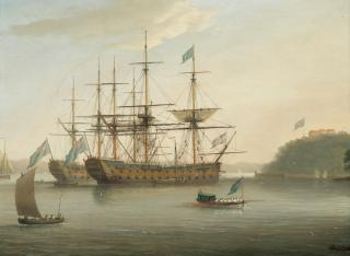 Dominic Serres - British naval ships moored off Mount Edgcumbe, Plymouth, with the foreground ship and barge flying the flag of the Vice-Admiral of the Blue