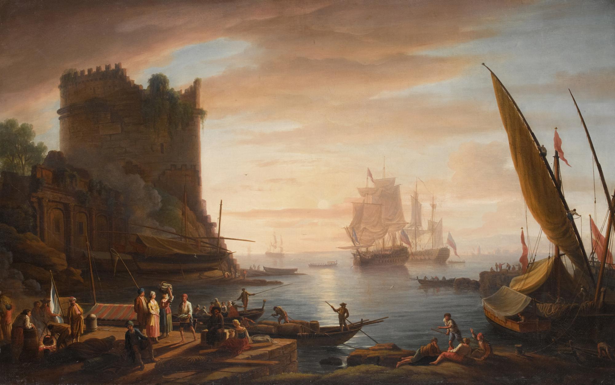 Dominic Serres - Figures On A Mediterranean Quayside With Shipping Beyond