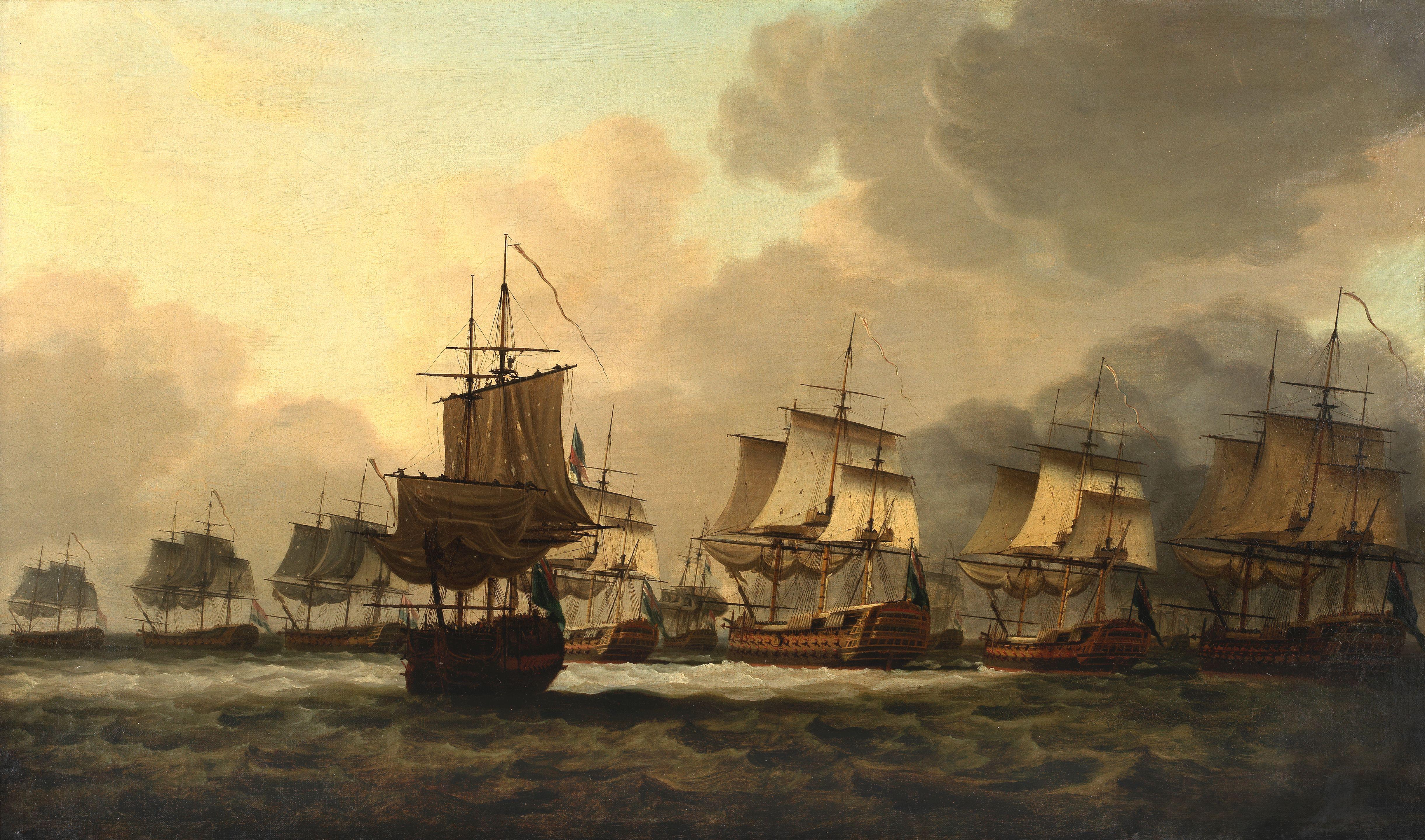 Dominic Serres - Vice-Admiral Parker\'s Action with the Dutch Fleet on the Dogger Bank, 1781, the opening manoeuvres, with warships in action to the right whilst the Dutch convoy runs for safety in the top left