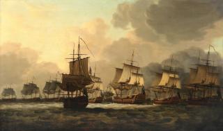 Dominic Serres - Vice-Admiral Parker\'s Action with the Dutch Fleet on the Dogger Bank, 1781, the opening manoeuvres, with warships in action to the right whilst the Dutch convoy runs for safety in the top left