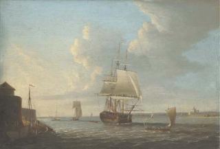 Dominic Serres - View of Portsmouth Harbour with a man-o\'-war and other vessels