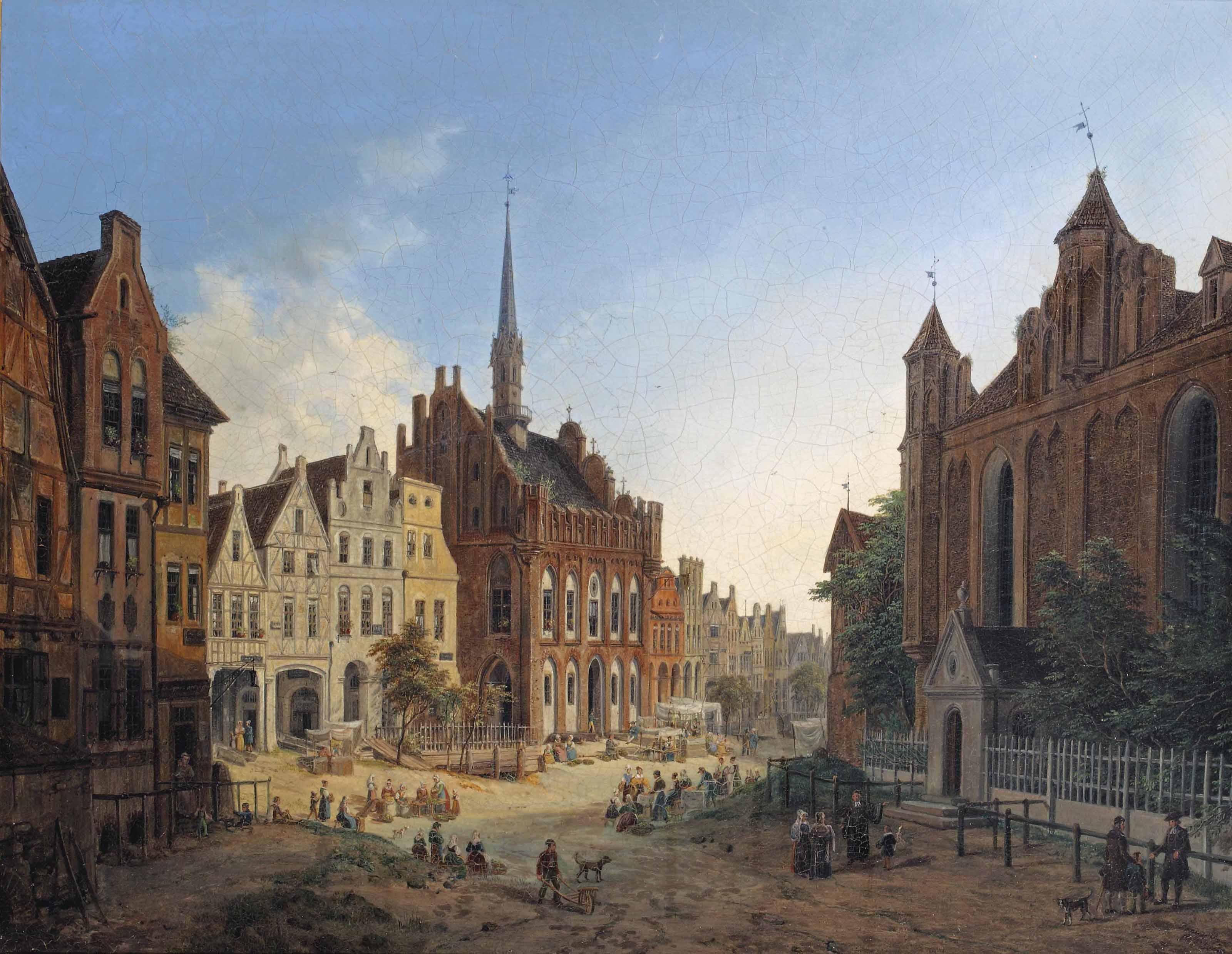 Dominicus Quaglio - Daily activities on a square with the old Town Hall, Marienburg