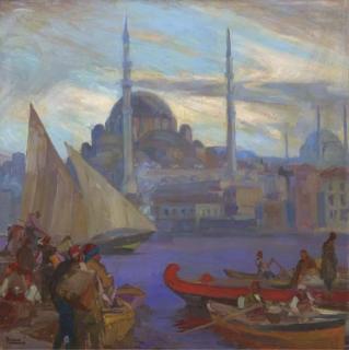 Dominique Charles Fouqueray - A View of the North-Western Facade of Yeni Cami situated along the Golden Horn with the Dome and Minarettes of Hagia Sophia behind, Constantinople