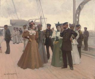Dominique Charles Fouqueray - Elegant figures on deck