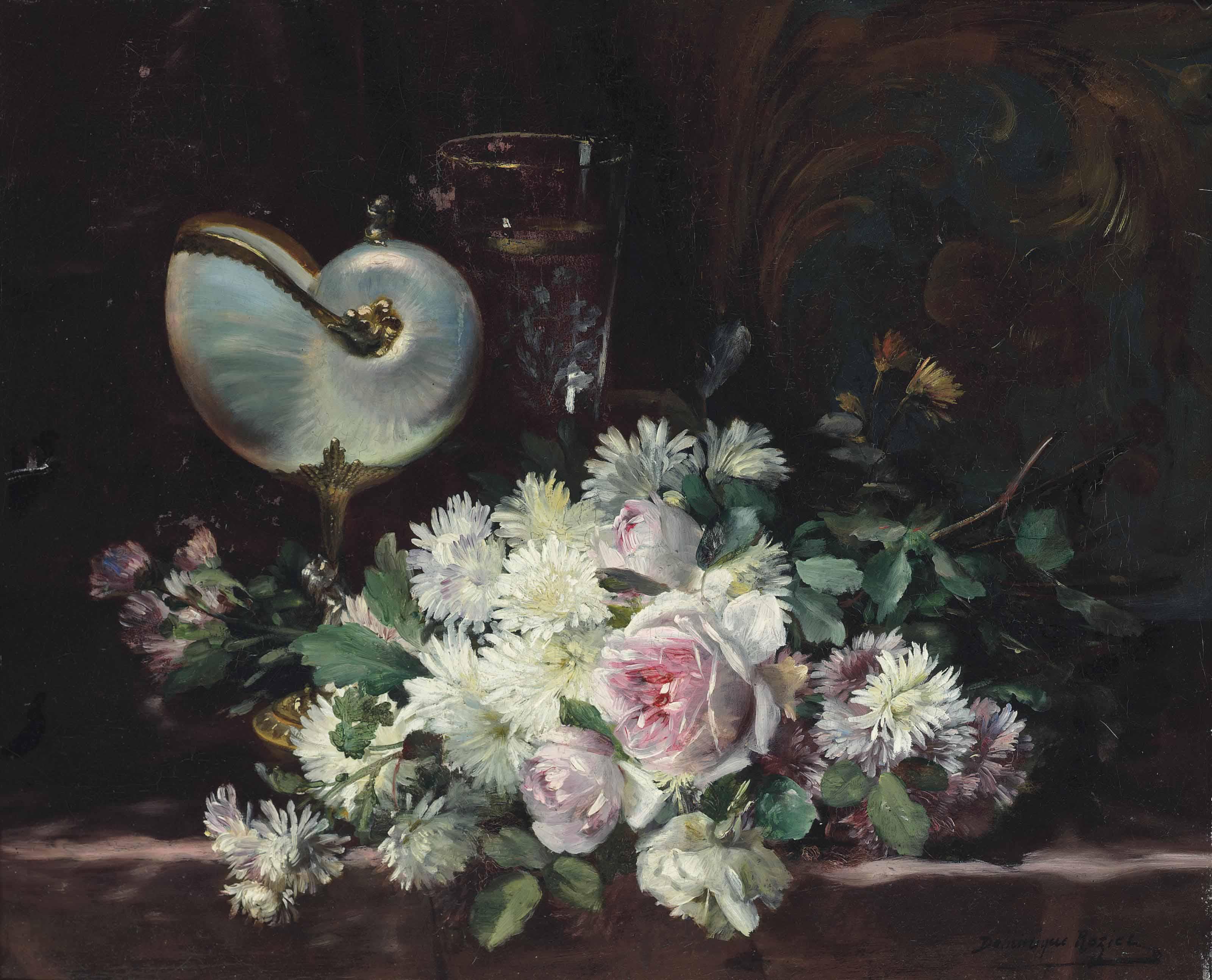 Dominique Hubert Rozier - A nautilus shell, a glass and a bouquet of roses and chrysanthemums on a ledge