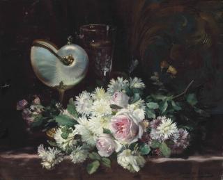 Dominique Hubert Rozier - A nautilus shell, a glass and a bouquet of roses and chrysanthemums on a ledge