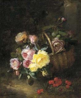 Dominique Hubert Rozier - Roses in a basket with cherries alongside