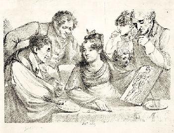 Dominique Vivant Denon - Scène d\'atelier: une dame montre son œuvre à quatre amateurs et un enfant