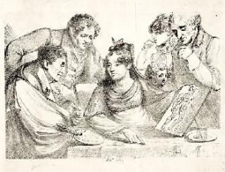 Dominique Vivant Denon - Scène d\'atelier: une dame montre son œuvre à quatre amateurs et un enfant