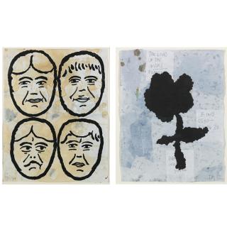 Donald Baechler - Four Faces And Flower: Two Drawings