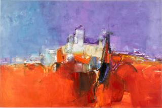 Donald Hamilton Fraser - Orange Landscape With Building On River