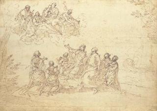 Donato Creti - A patrician family kneeling on a seashore experiencing a vision of the Madonna and Child and Saint Dominic, Saint John the Baptist and another saint, a ship seen beyond