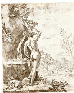 Donato Creti - A Standing Male Nude Near A Rock By A River, A Dog In The Left Foreground