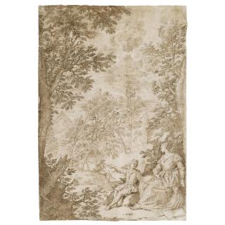 Donato Creti - A Woman And A Small Boy Seated In A Wooded Landscape With A Piper In The Background