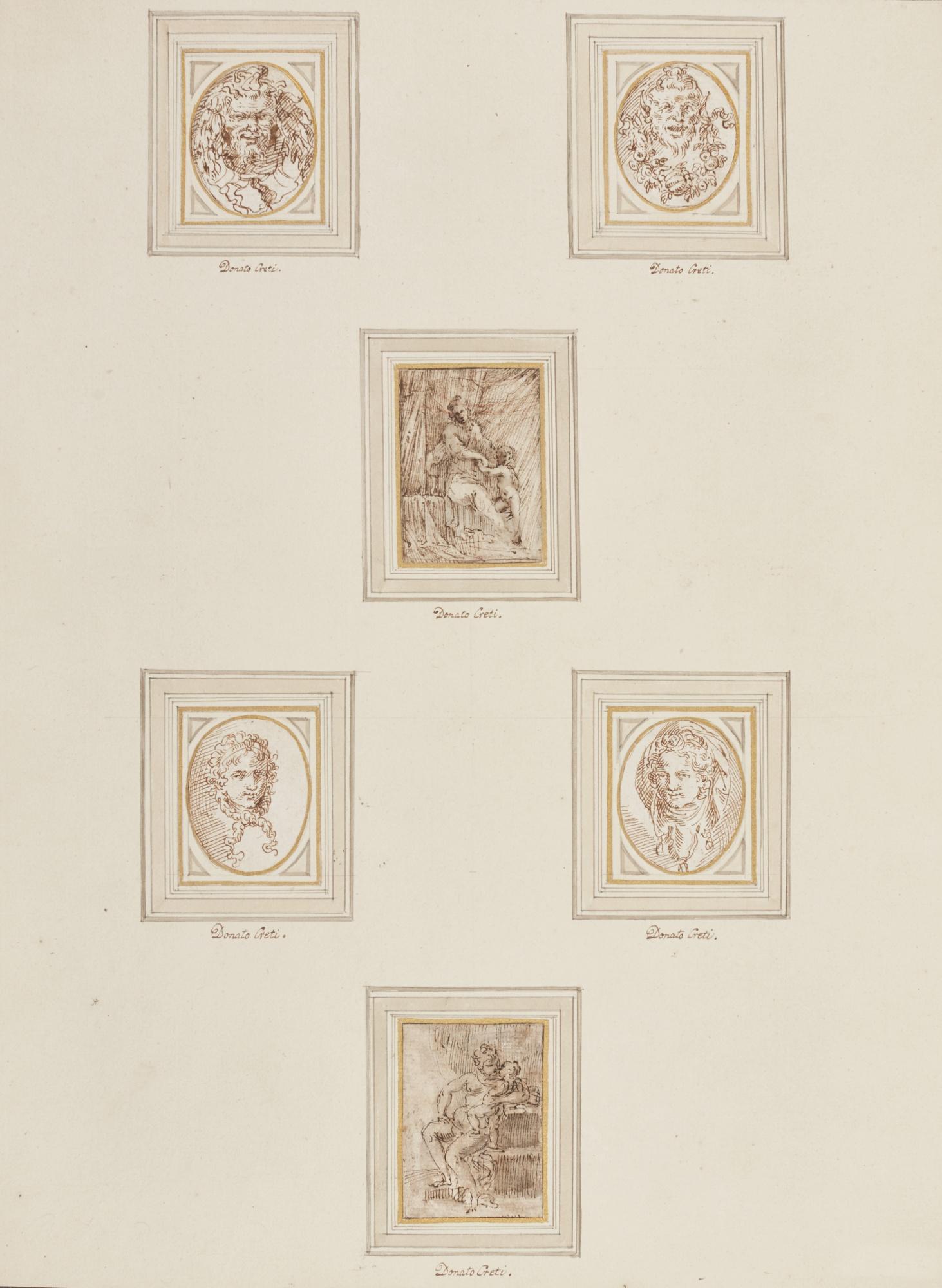 Donato Creti - Eleven Studies Mounted Over Two Large Album Pages:  Including Various Head Studies, Winged Putti, A Mother And Child Grouping And Gargoyles