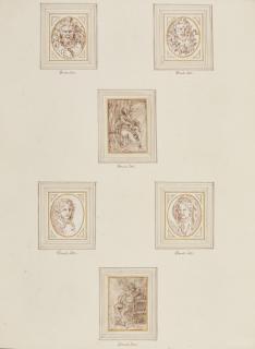Donato Creti - Eleven Studies Mounted Over Two Large Album Pages:  Including Various Head Studies, Winged Putti, A Mother And Child Grouping And Gargoyles