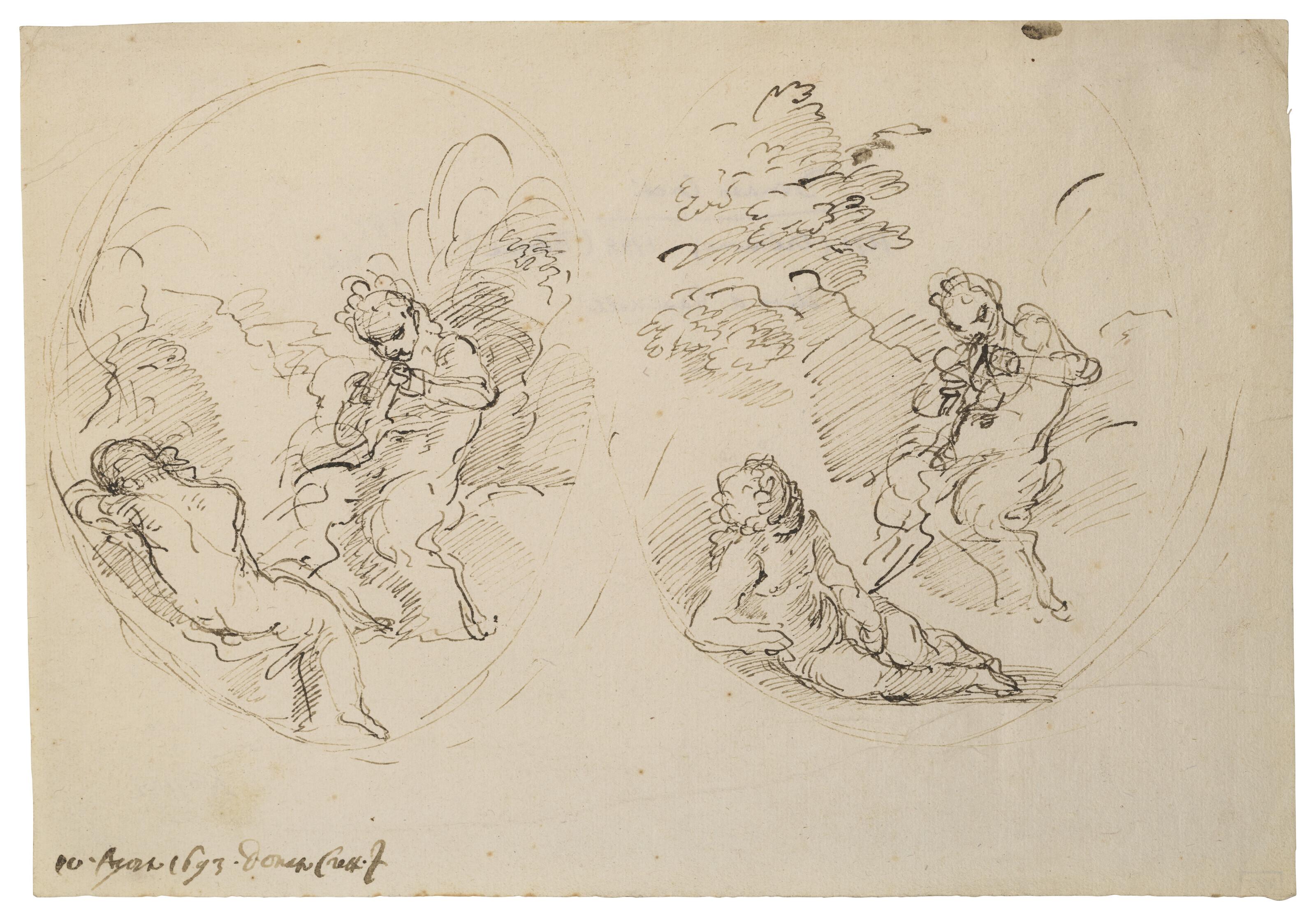 Donato Creti - Faune jouant de la flûte à une nymphe et reprise de la même composition