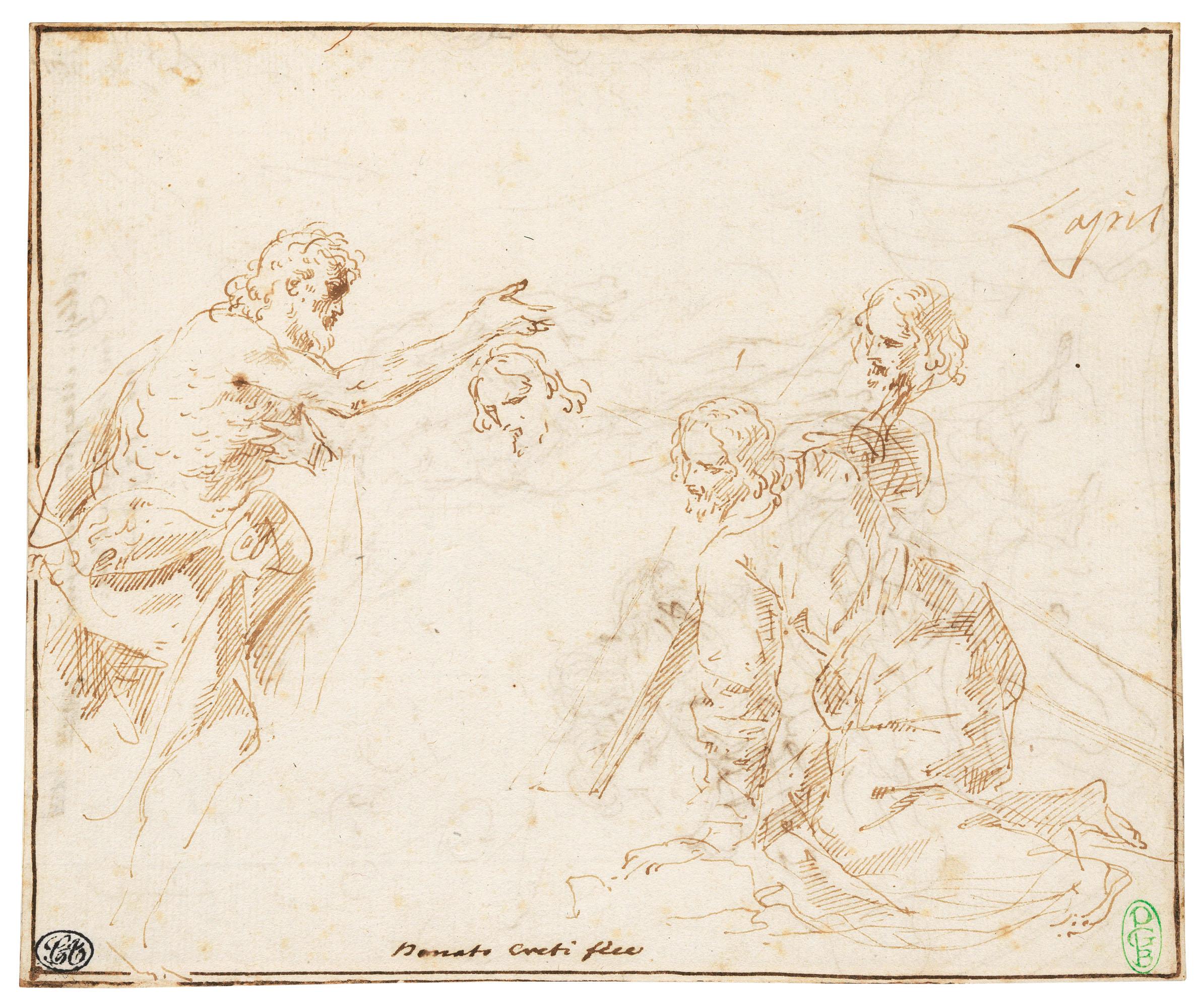 Donato Creti - Studies of a Baptism of Christ and of Christ carrying the Cross (recto); Saint John the Baptist and a study of a figure embracing figures (verso)