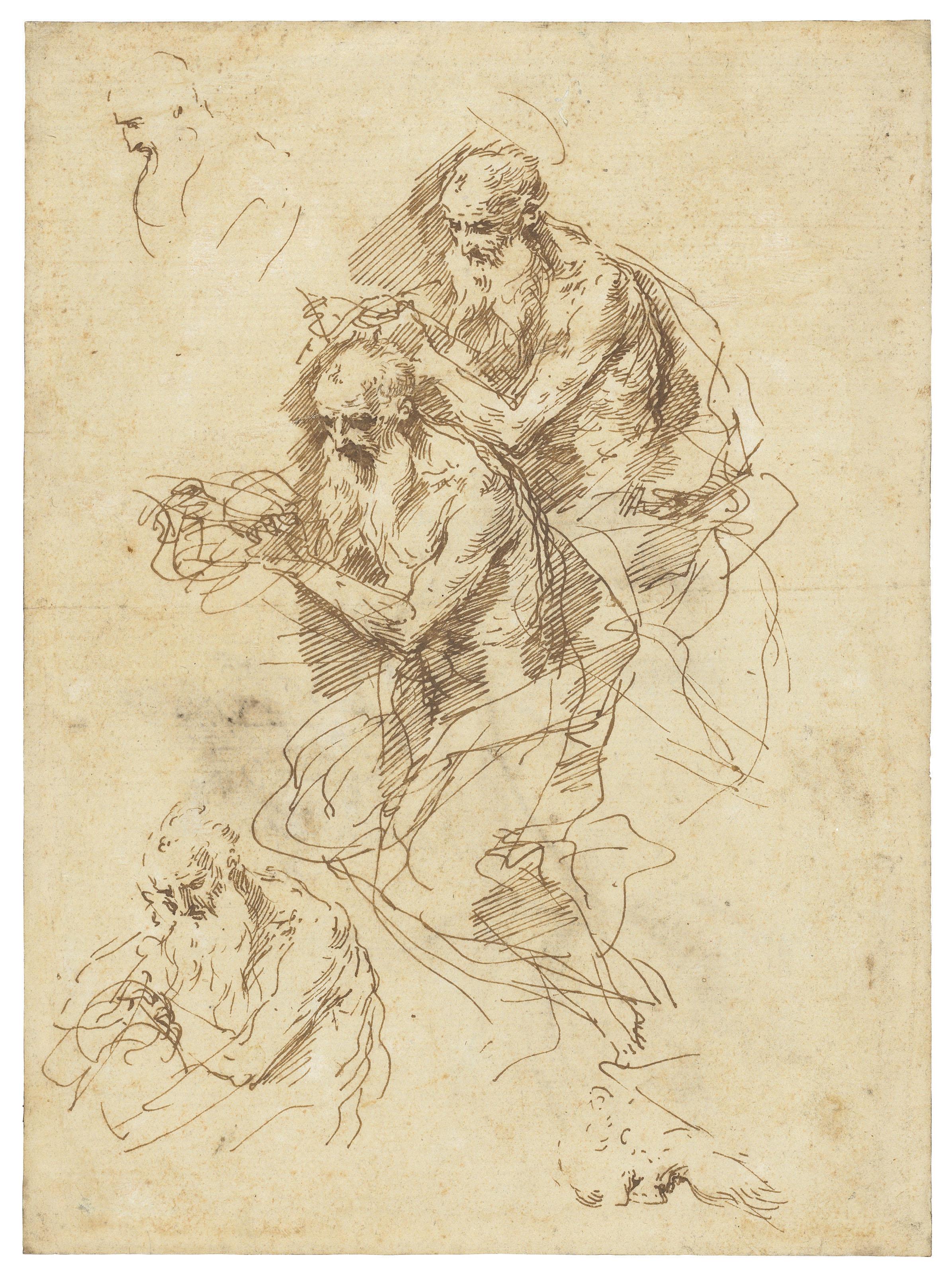 Donato Creti - Three studies of Saint Jerome and two separate studies of heads (recto); Study of a flower (verso)