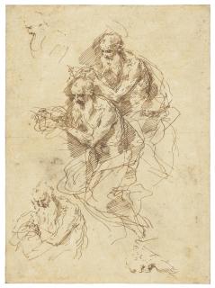 Donato Creti - Three studies of Saint Jerome and two separate studies of heads (recto); Study of a flower (verso)